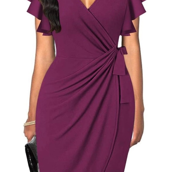 OTEN Women’s Deep V Neck Ruffle Sleeve Sheath Casual Cocktail Faux Wrap Dress - Picture 2 of 9